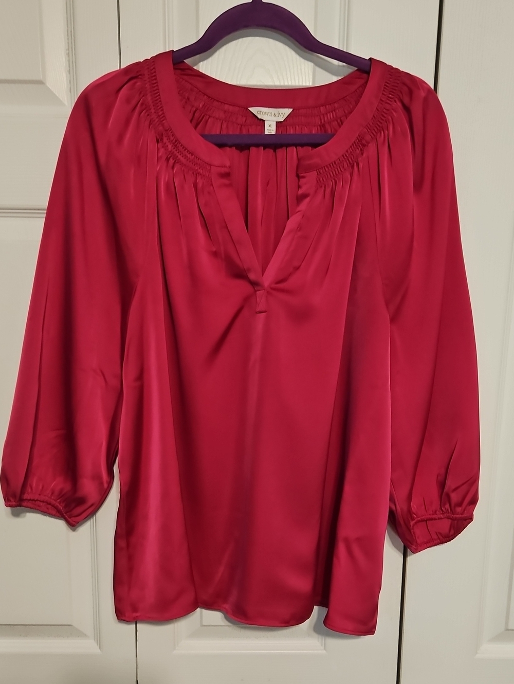 crown & ivy Hot Pink Satin Peasant Blouse